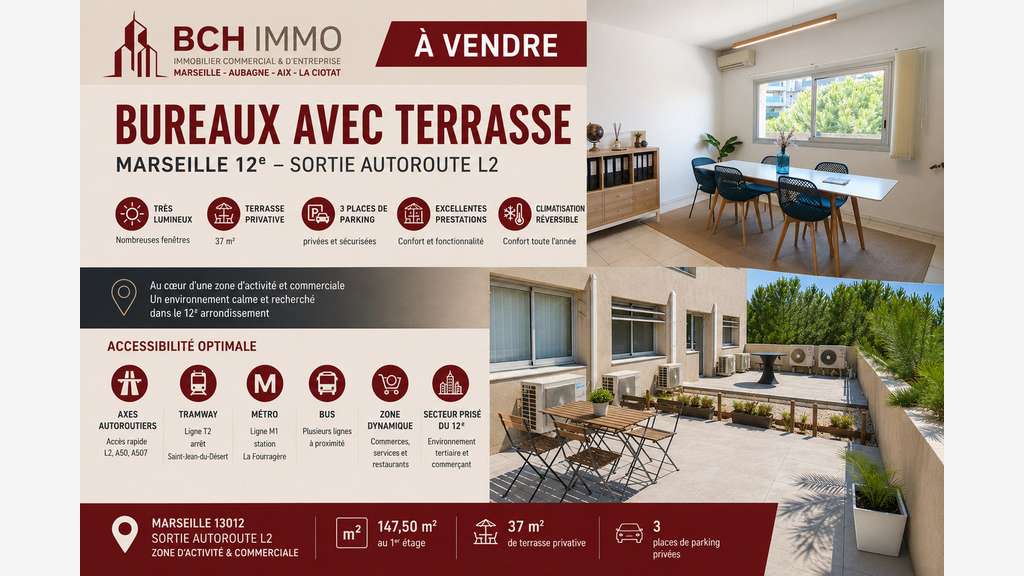 Vente bureaux lumineux, terrasse et parking