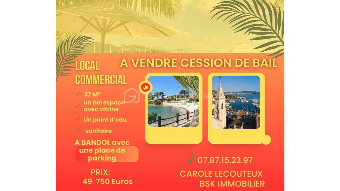 Cession bail local commercial 37m² bel empl Bandol