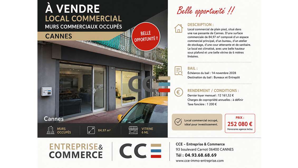 Vente murs commerciaux occupés à Cannes
