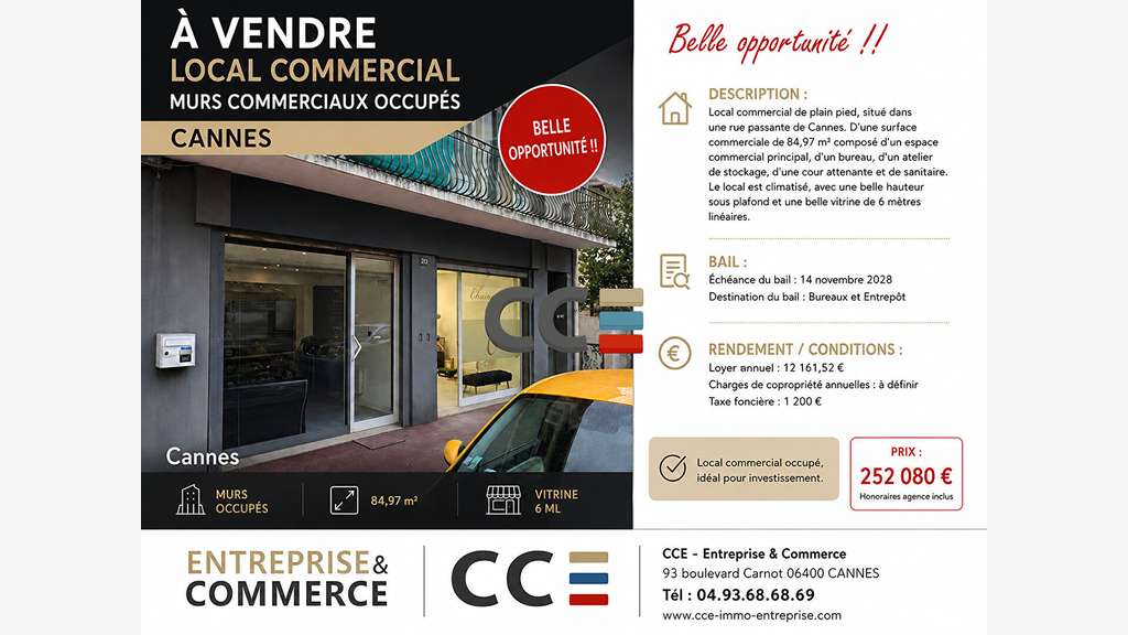 Vente murs commerciaux occupés à Cannes