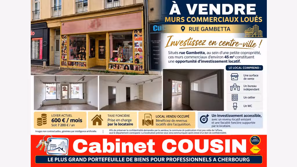 Vente murs commerciaux loués de 45m² à Cherbourg