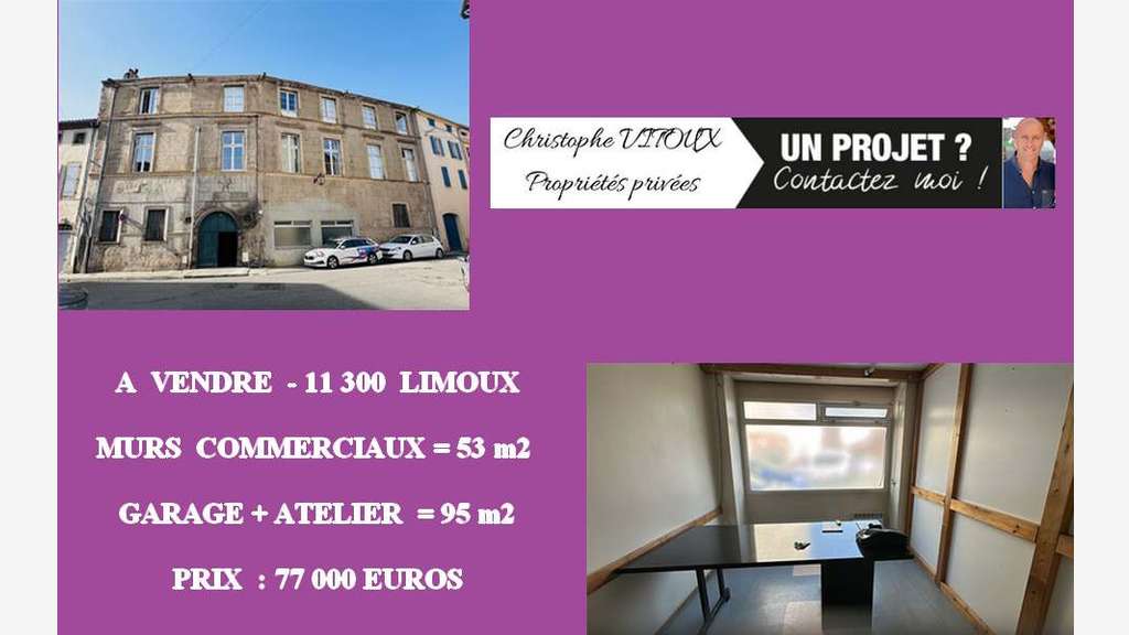 AV murs commerciaux 53m² + garage + atelier Limoux