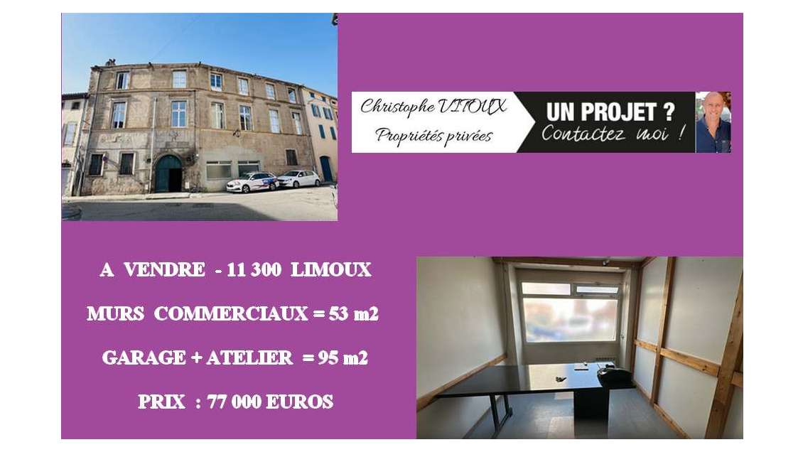 AV murs commerciaux 53m² + garage + atelier Limoux