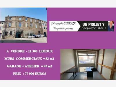 AV murs commerciaux 53m² + garage + atelier Limoux