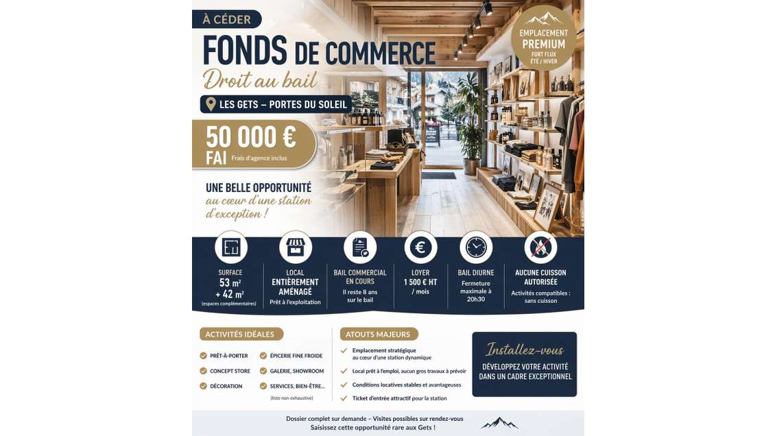 Vente FDC DAB produits régionaux 95m² à Les Gets