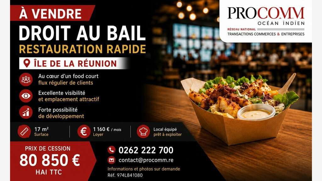 Droit au bail restaurant 17m² à vendre Saint-Denis