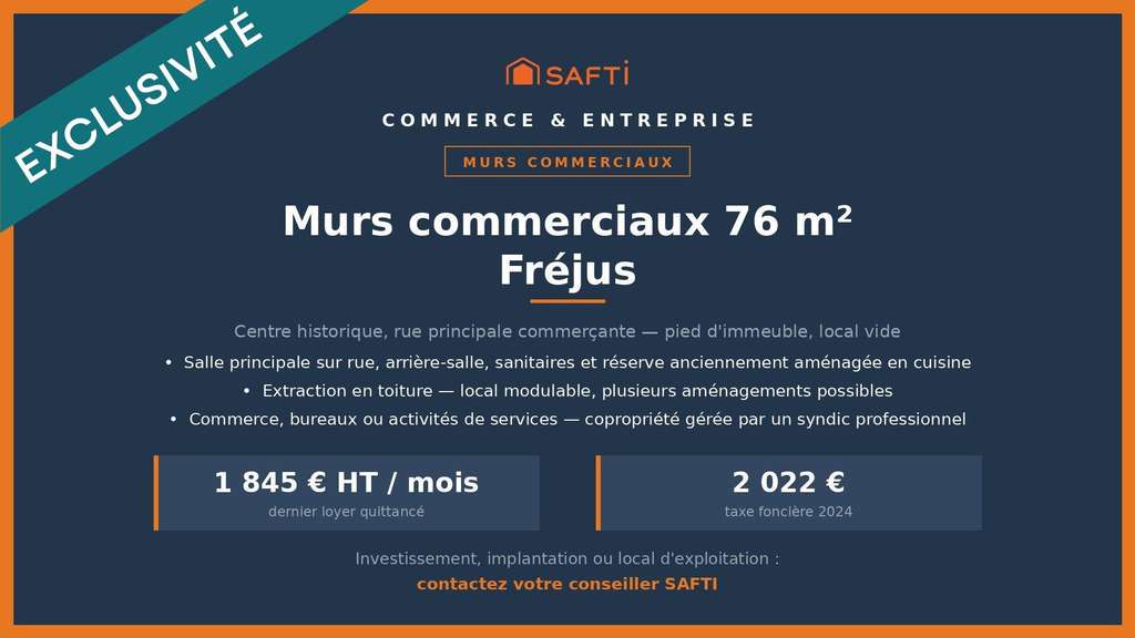 Vente murs commerciaux 76m² au centre de Fréjus
