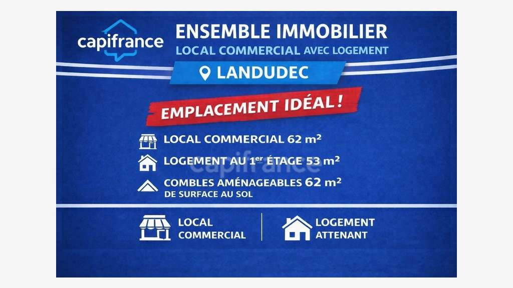 Local commercial 115m² + T3 centre-bourg Landudec