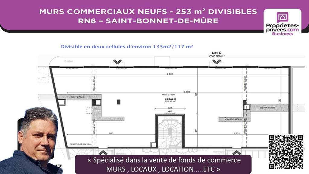 Vente murs 253m² divisibles RN6 St-Bonnet-de-Mure