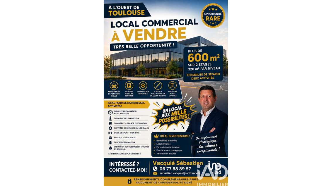 Vente local commercial de 644m² à Toulouse Ouest