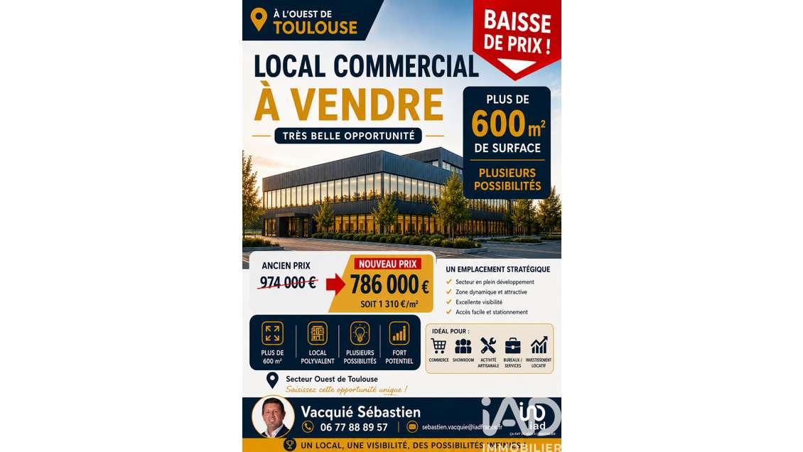 Vente local commercial de 644m² à Toulouse Ouest