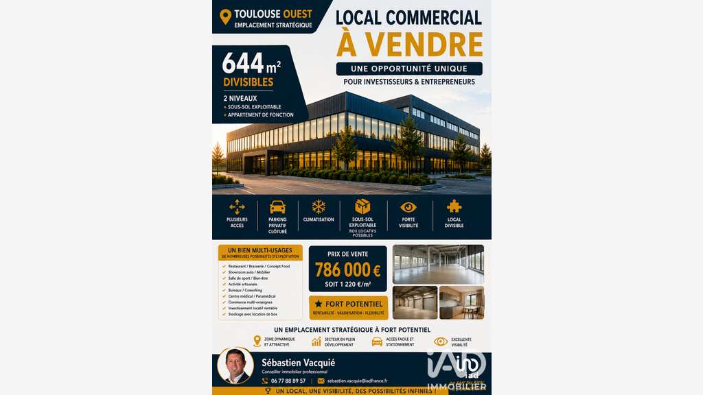 Vente local commercial de 644m² à Toulouse Ouest