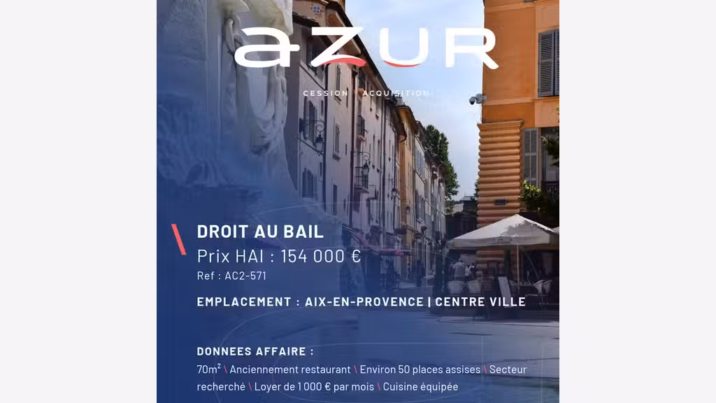 Vente droit au bail 70m² restauration possible Aix