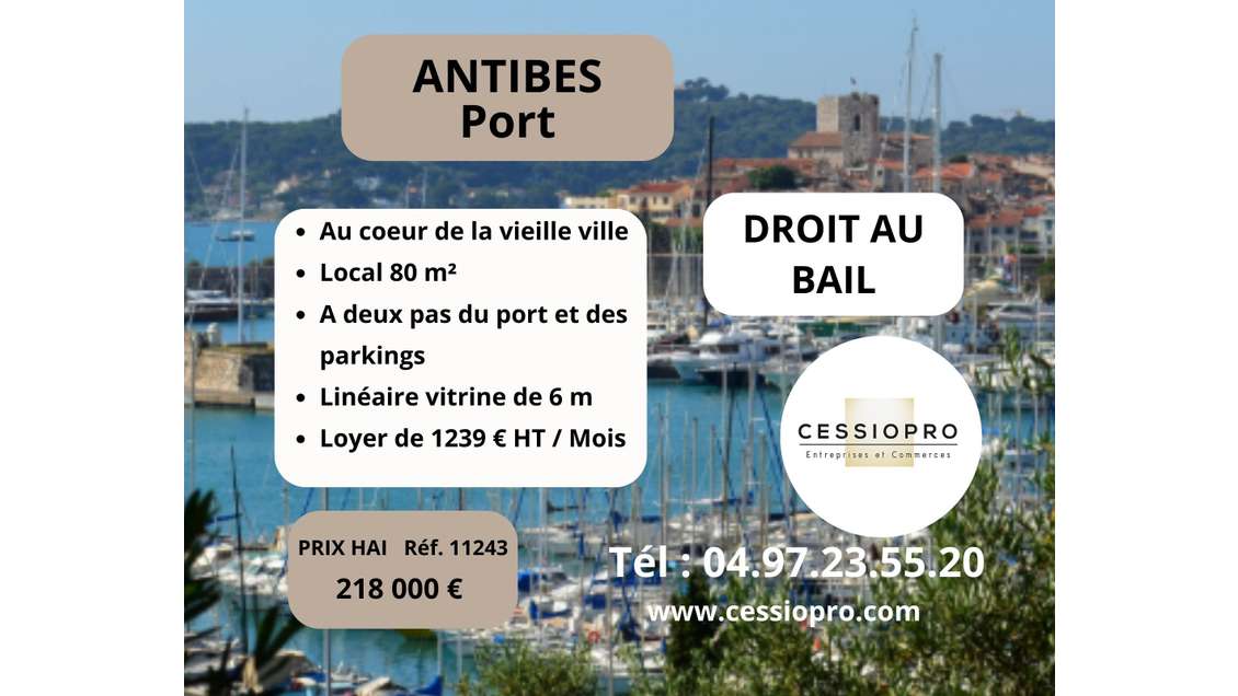 Droit au bail local de 80m² à Antibes port