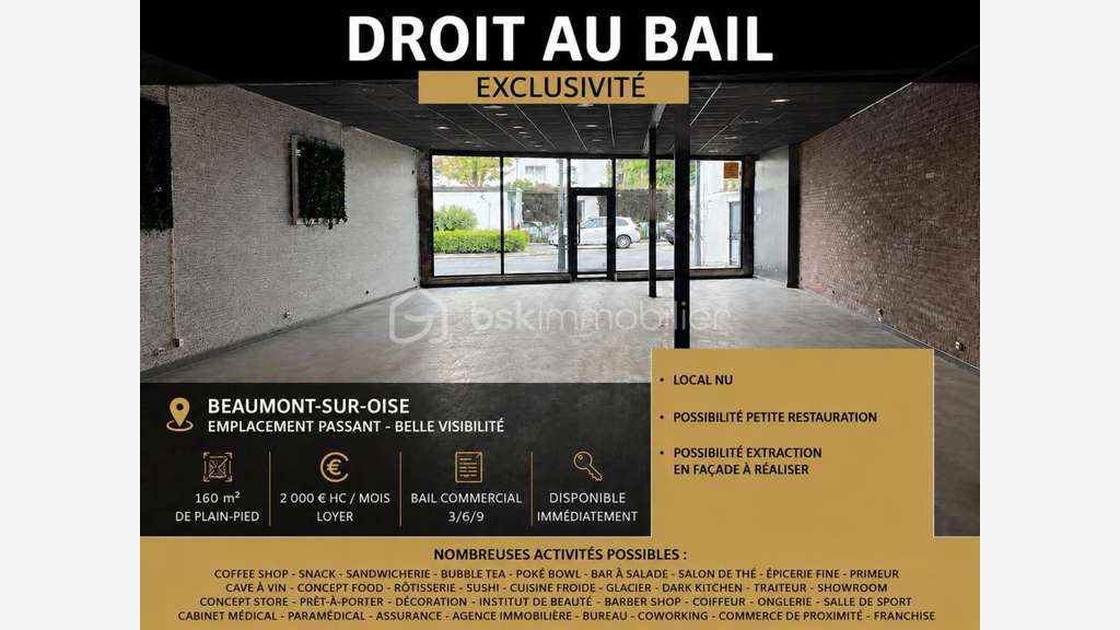 Cession bail local commercial 160m² Beaumont-Oise