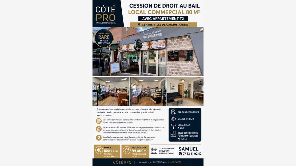 Cession droit au bail local 80m² à Carqueiranne