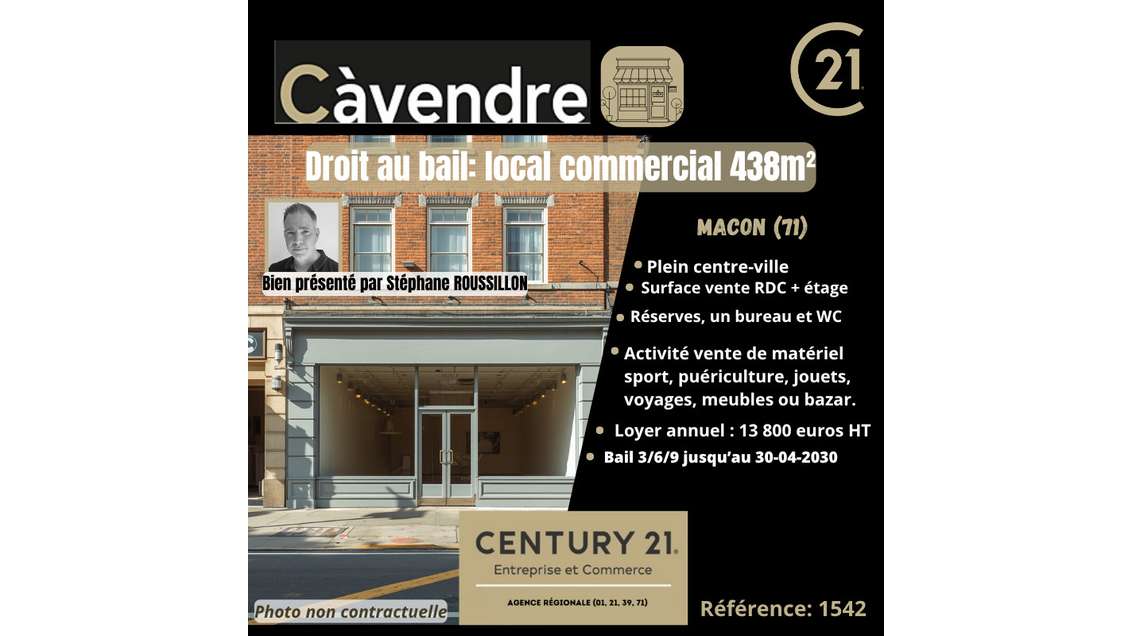 Cession de bail spacieux local 438m² àMâcon centre