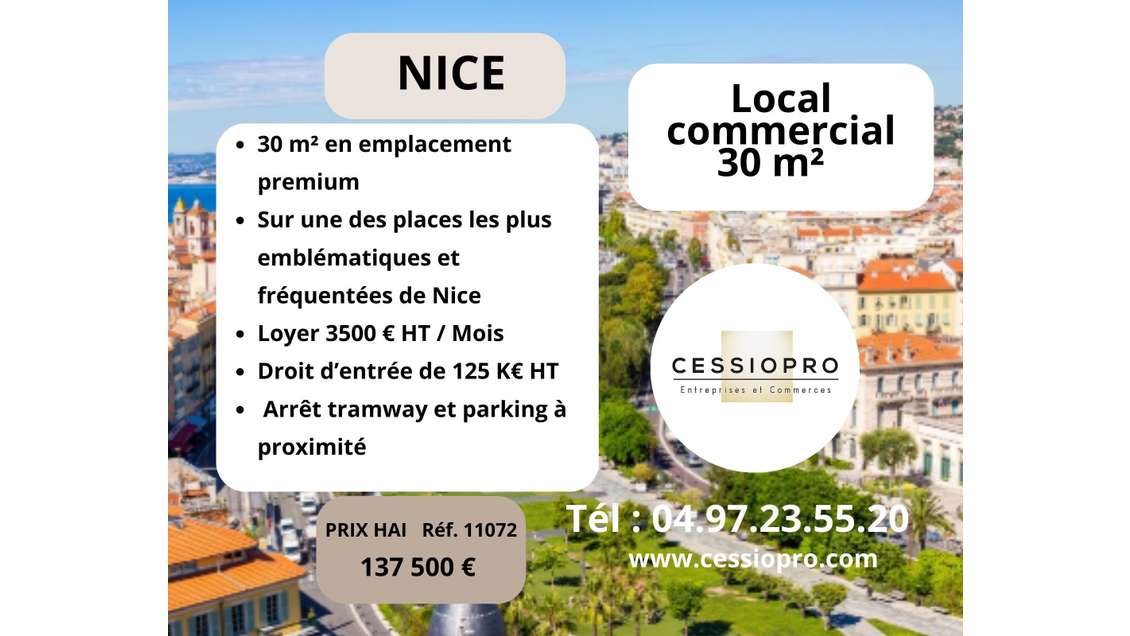 À céder local commercial 30m² empl premium à Nice
