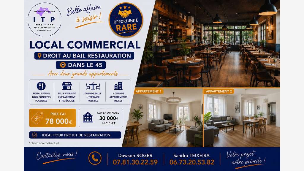 Cède droit au bail restaurant 245m² à Pithiviers
