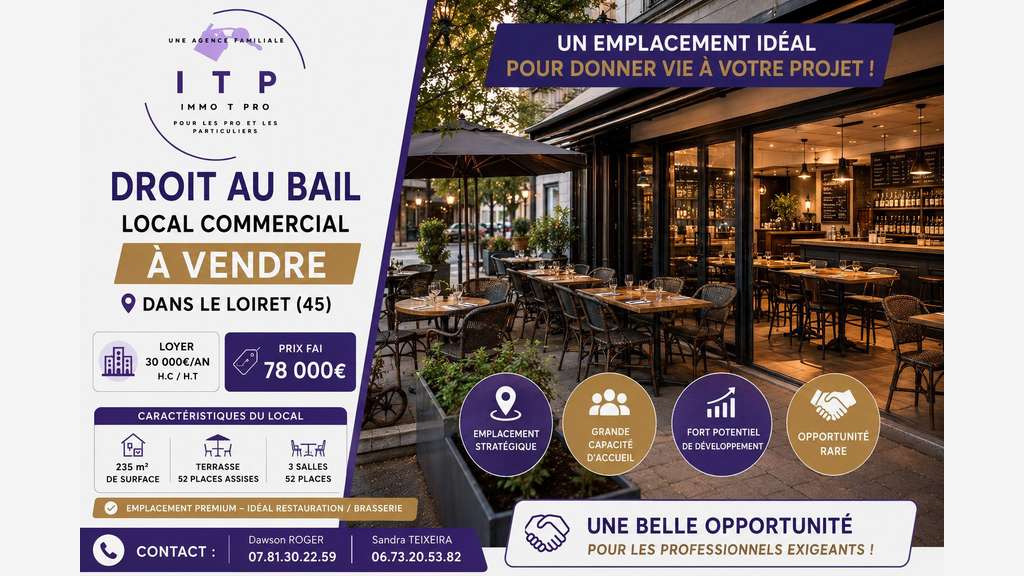 Cède droit au bail restaurant 245m² à Pithiviers