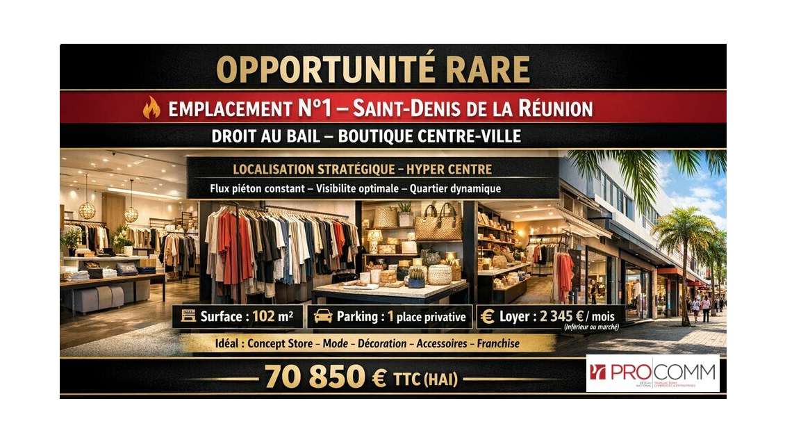 Cède droit au bail boutique 102m² à Saint-Denis