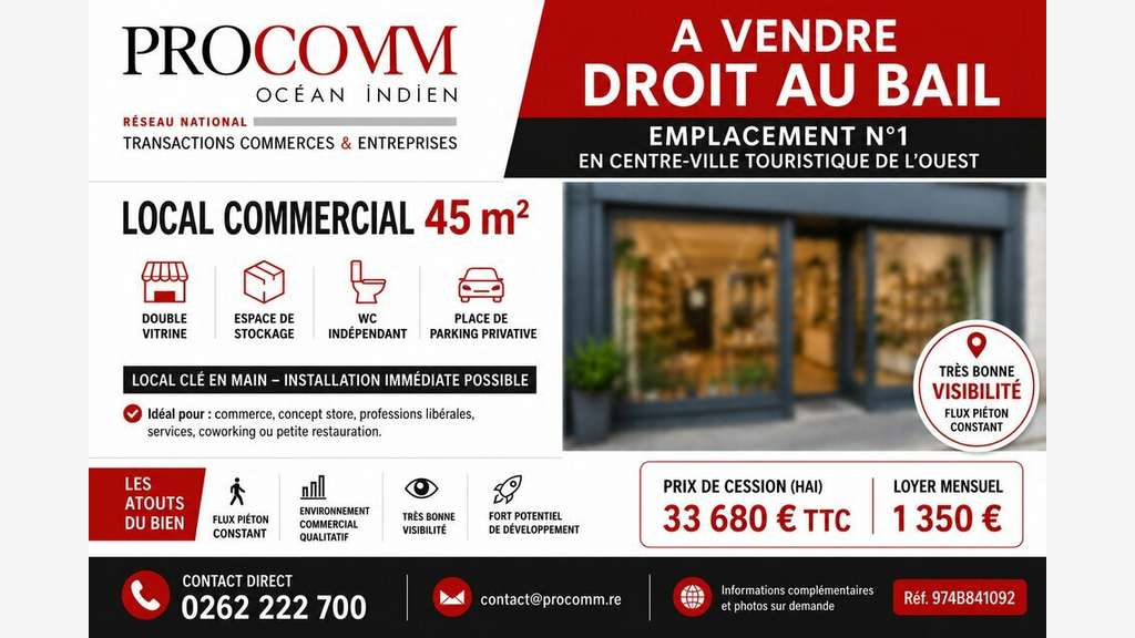 Droit au bail boutique de 45m² à Saint Paul centre