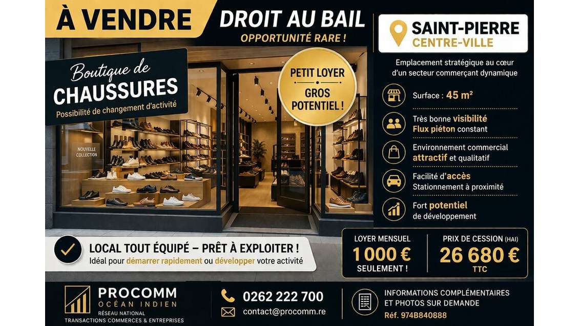 Cession droit au bail 45m² à Saint-Pierre centre