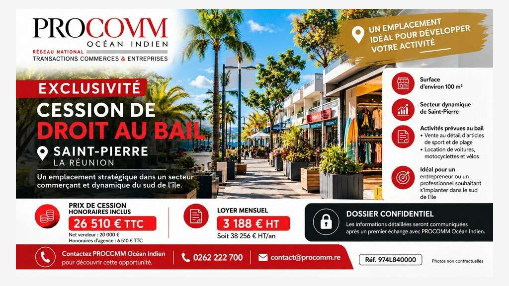 Droit au bail 100m² à céder à Saint Pierre Réunion
