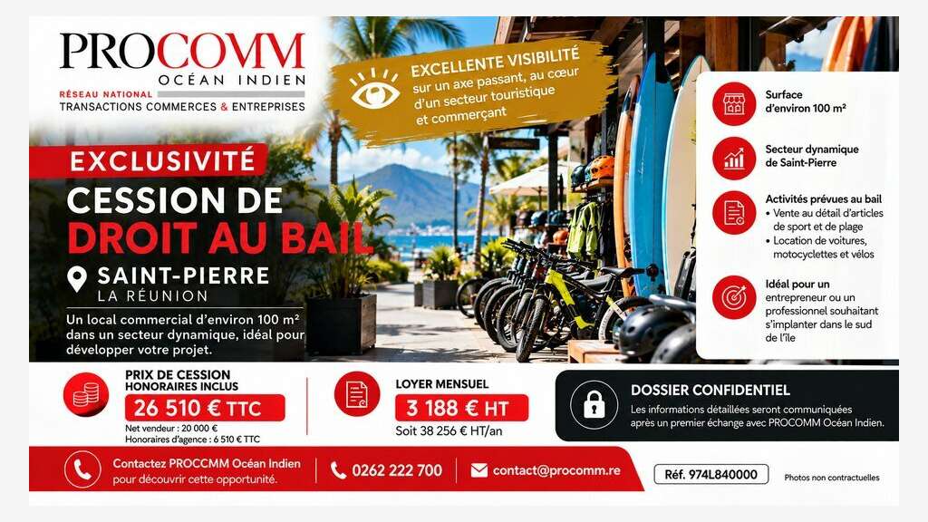 Droit au bail 100m² à céder à Saint Pierre Réunion