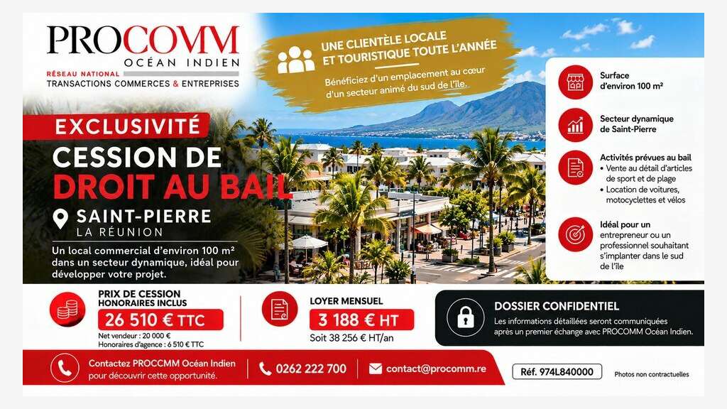 Droit au bail 100m² à céder à Saint Pierre Réunion