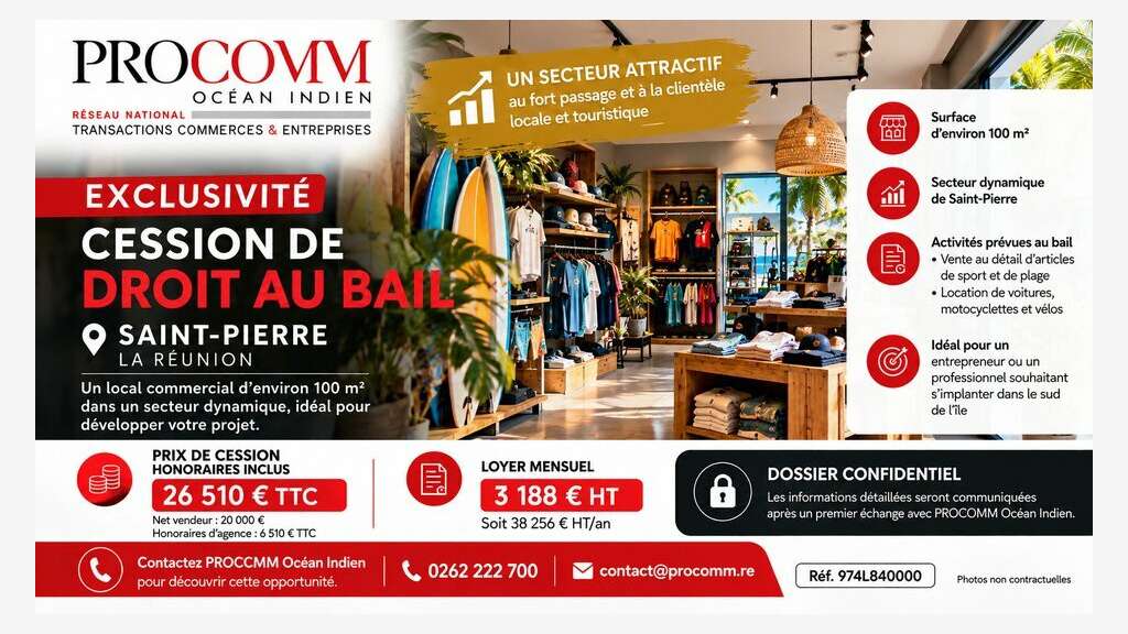 Droit au bail 100m² à céder à Saint Pierre Réunion
