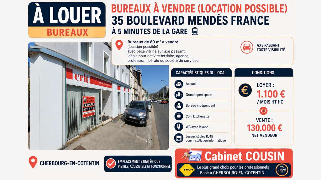A louer bureaux de 80m² sur axe passant Cherbourg