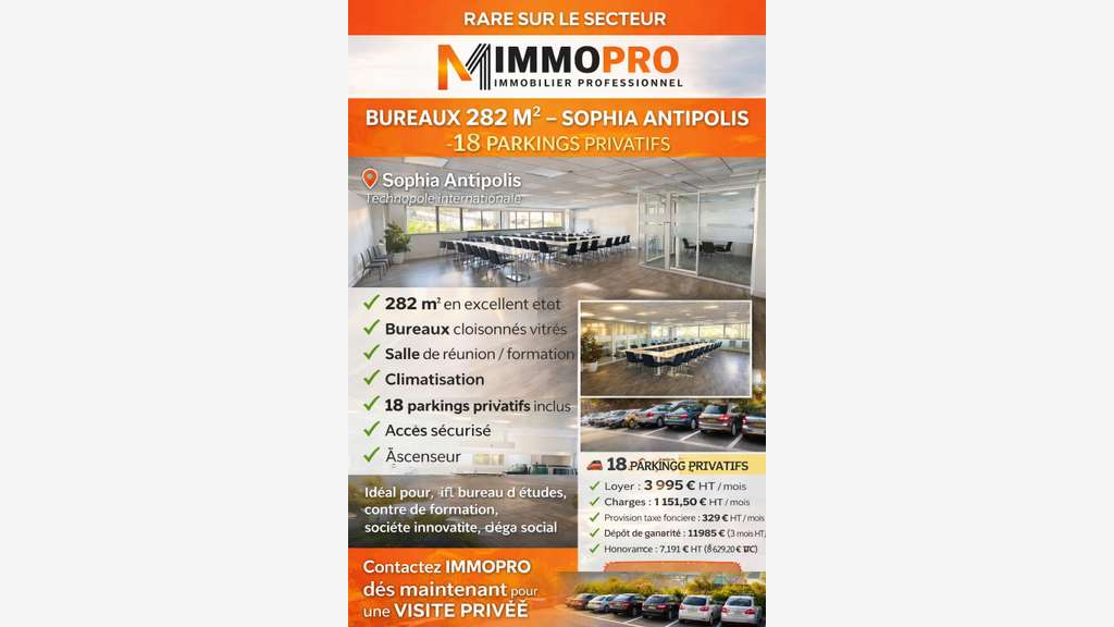 A louer bureaux 282m² 18 parkings Sophia Antipolis