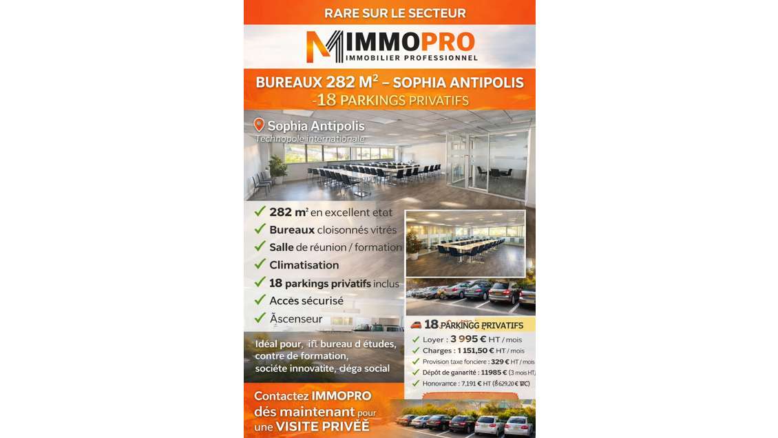 A louer bureaux 282m² 18 parkings Sophia Antipolis