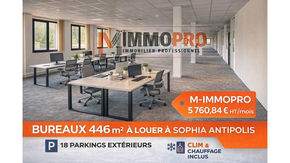 Location bureaux 446m² + parkings Sophia Antipolis