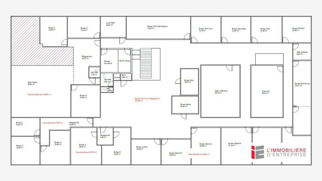 Location bureau 31m² beaux espaces communs à Vitré