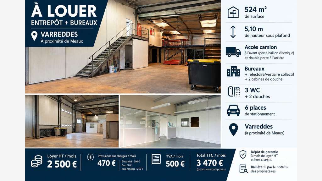 A louer entrepôt + bureaux 524m² à Varreddes