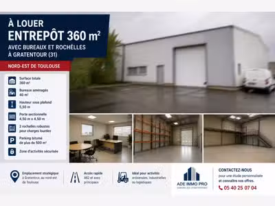 Loue entrepôt 360m² Nord-Est Toulouse Gratentour