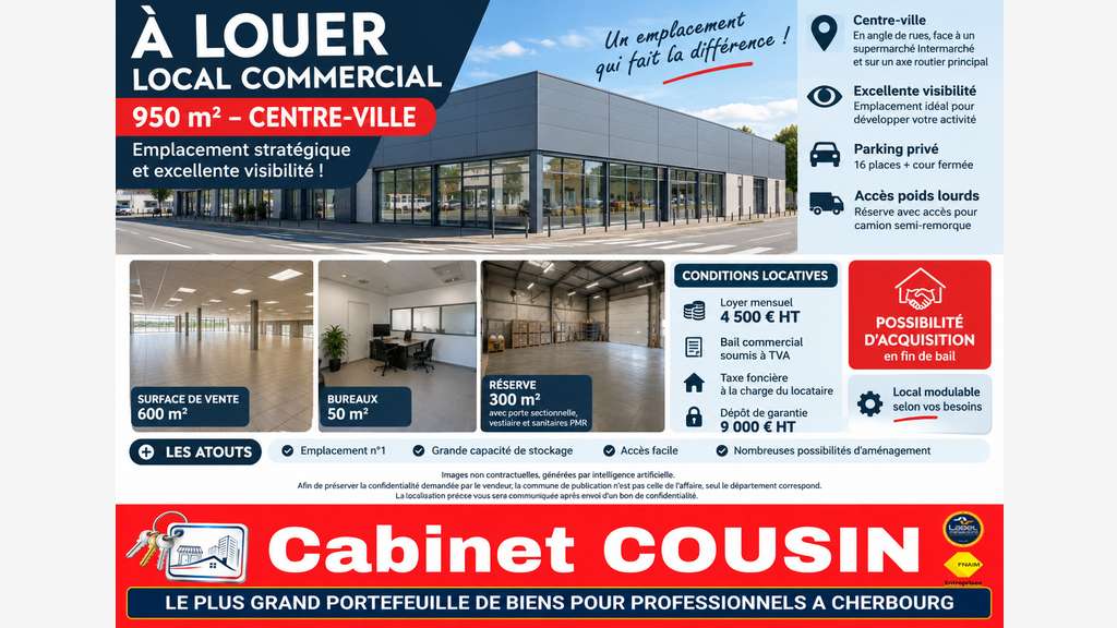A louer local commercial de 950m² Portbail centre