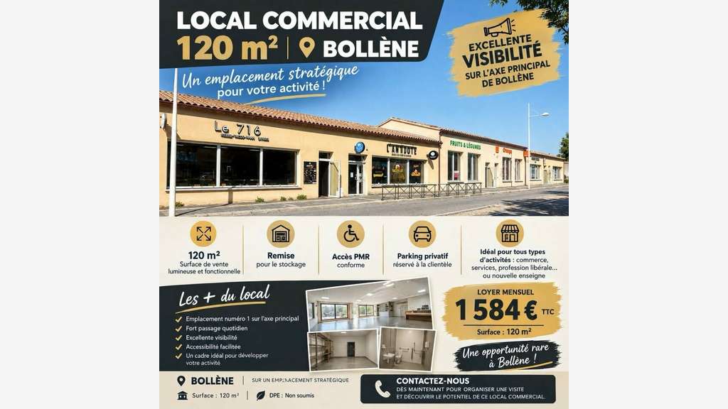 Local commercial 120m² à louer à Bollène