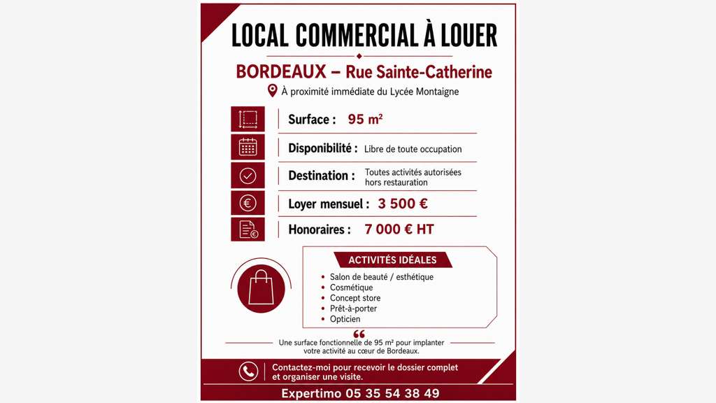 A louer local commercial 95m² Bdx Sainte-Catherine