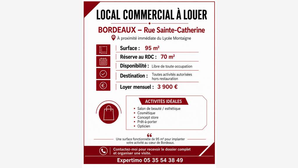 A louer local commercial 95m² Bdx Sainte-Catherine