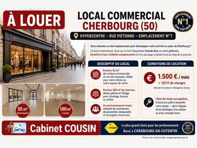 A louer pas de porte 55m² rue piétonne Cherbourg
