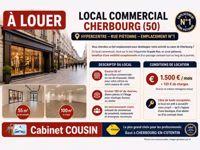 A louer pas de porte 55m² rue piétonne Cherbourg