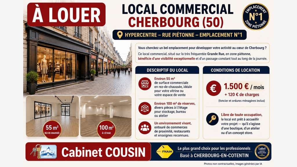 A louer pas de porte 55m² rue piétonne Cherbourg