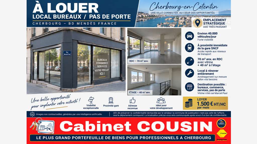 A louer pas de porte 97m² à Cherbourg Rue Gambetta