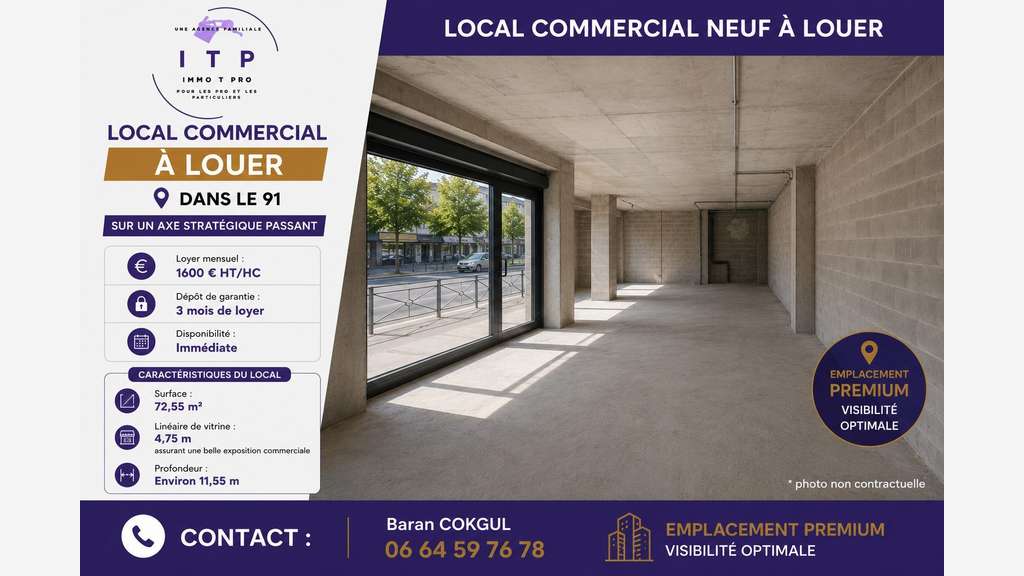 A louer local commercial de 72,55m² dept Essonne