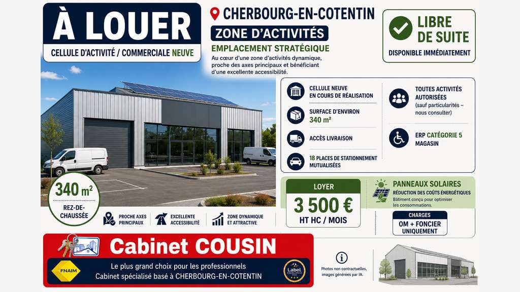 A louer cellule d’activité 340m² ZA Cherbourg