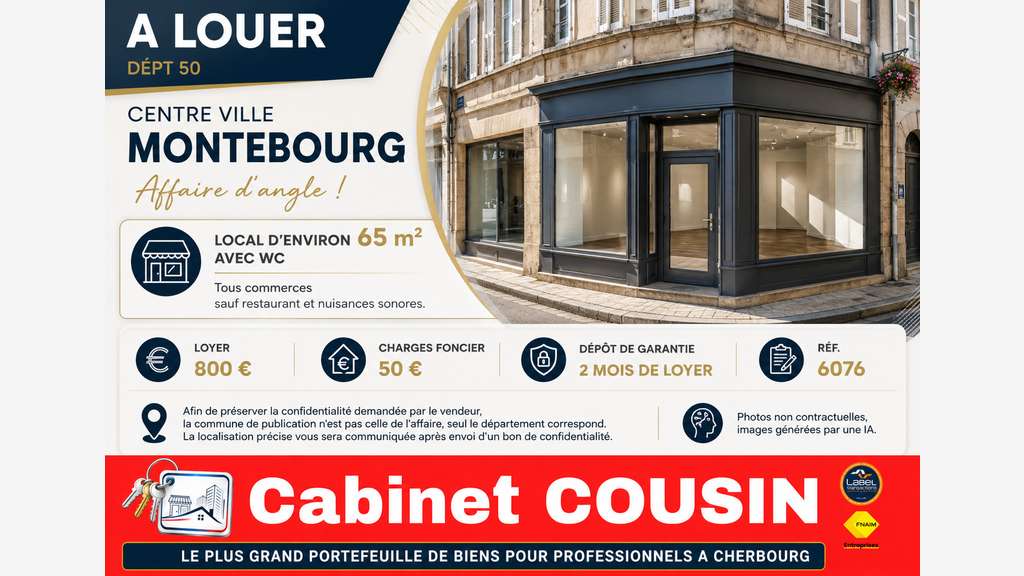 A louer pas de porte 65m² au centre de Montebourg