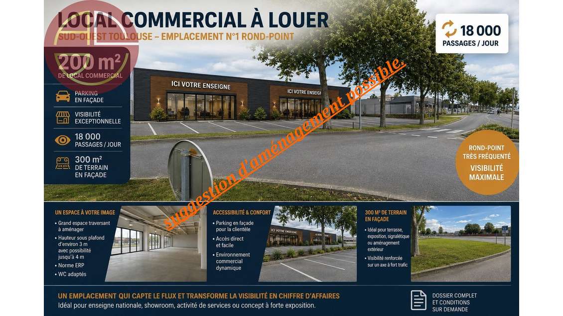 Local commercial à louer 200m² Sud-Ouest Toulouse